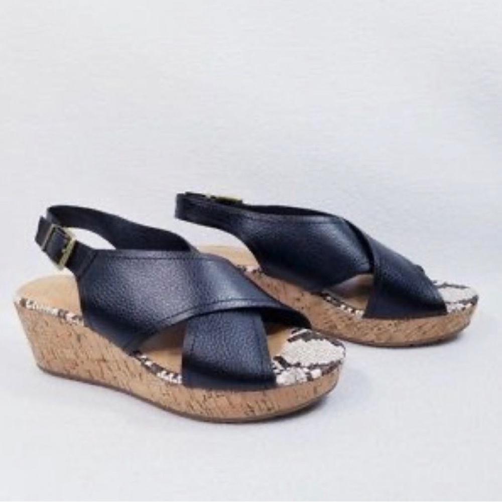 Dakota Chase Wedge Sandals Slingback 9.5 Black Comfort Animal Print Adjustable